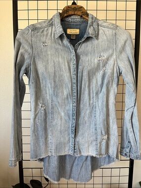 Guess Light Blue Distressed Denim Button-Up Shirt